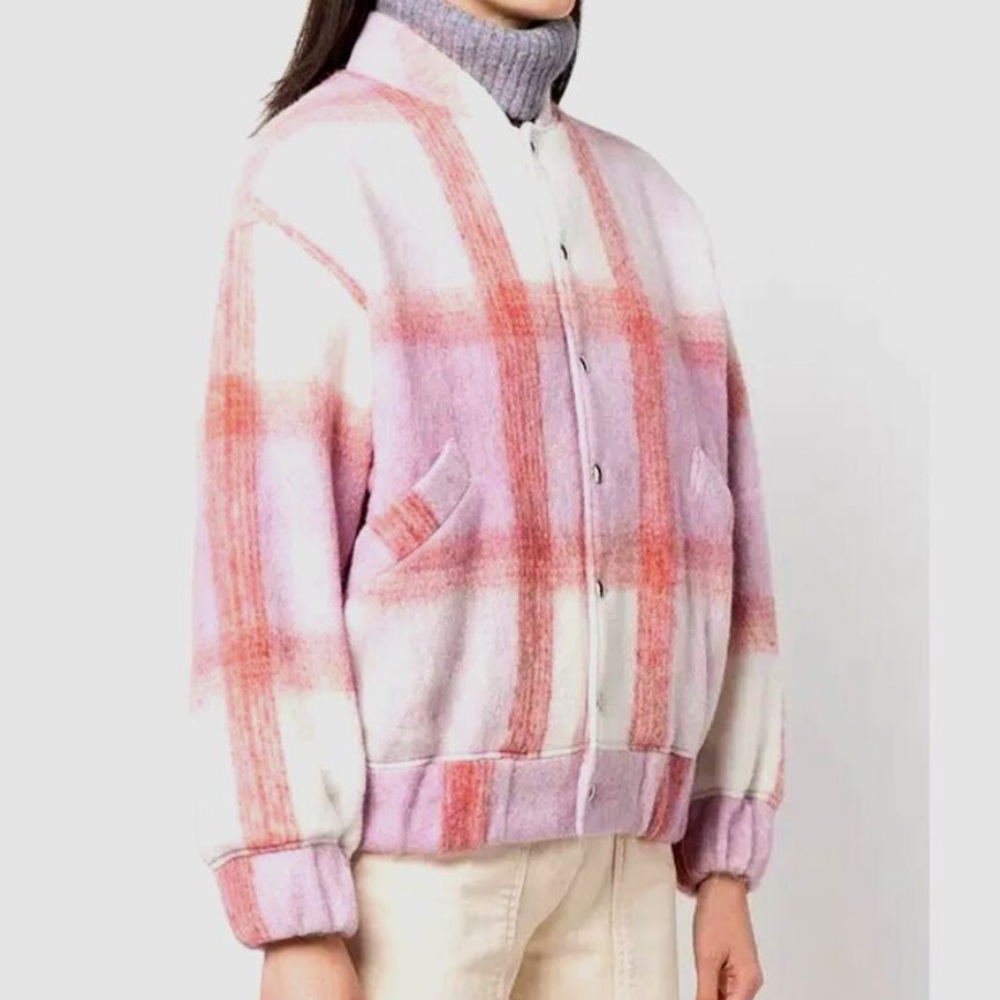 IRO Paris Lahiana Plaid Jacket 36 Pink Soft White Wool Blend Bomber Snap Front